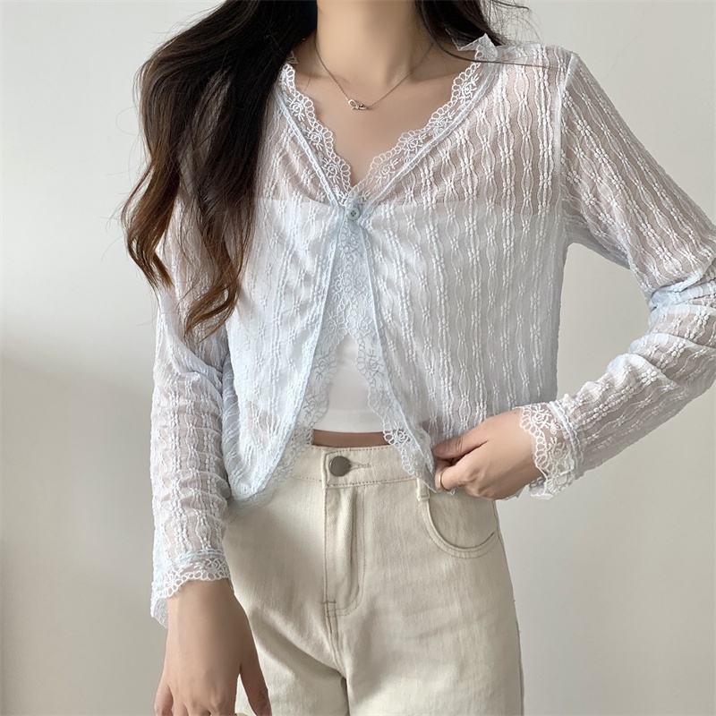 Nzn Áo Khoác cardigan Dài Tay Cổ Chữ V Phối Ren Mỏng Thoáng Khí Chống Nắng Phong Cách Dành Cho Nữ