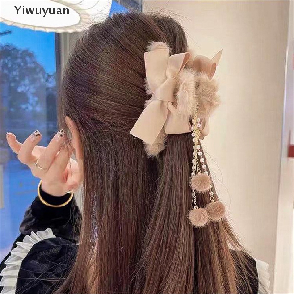 < Yiwuyuan > Kẹp Tóc Đính Nơ Lông Nhung Mềm Mại Thời Trang Thanh Lịch Dành Cho Nữ