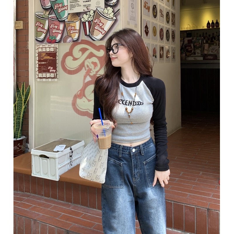Áo Thun Tay Dài Hở Vai Ôm Dáng Thêu Chữ Trước Ngực Kiểu Retro Mỹ Ngọt Ngào Mùa Xuân Thu Cho Nữ