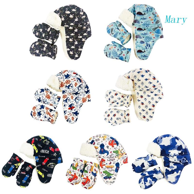 Set Đồ Mùa Đông 2 Món Gồm Mũ Và Găng Tay Phủ Lông Chống Nước In Họa Tiết Thú Hoạt Hình Giữ Ấm Cho Bé