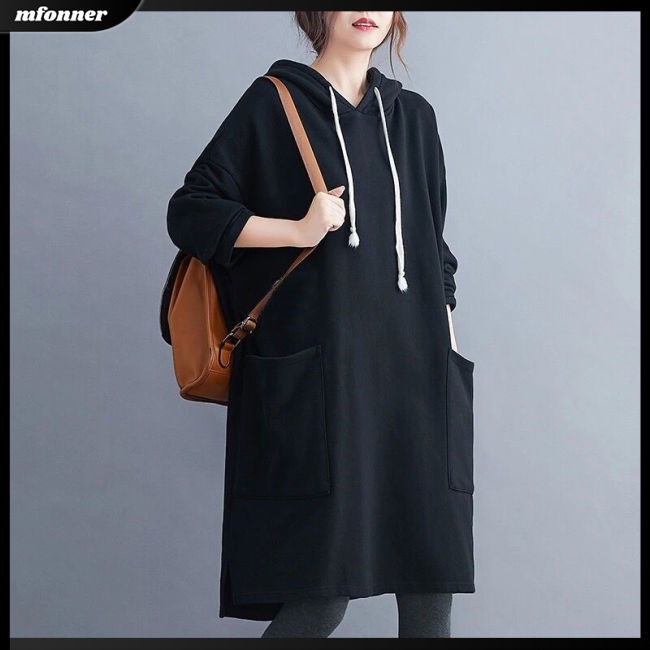 Đầm Hoodie Mỏng Dáng Rộng Tay Dài Màu Sắc Đơn Giản Cho Nữ Có Size Lớn
