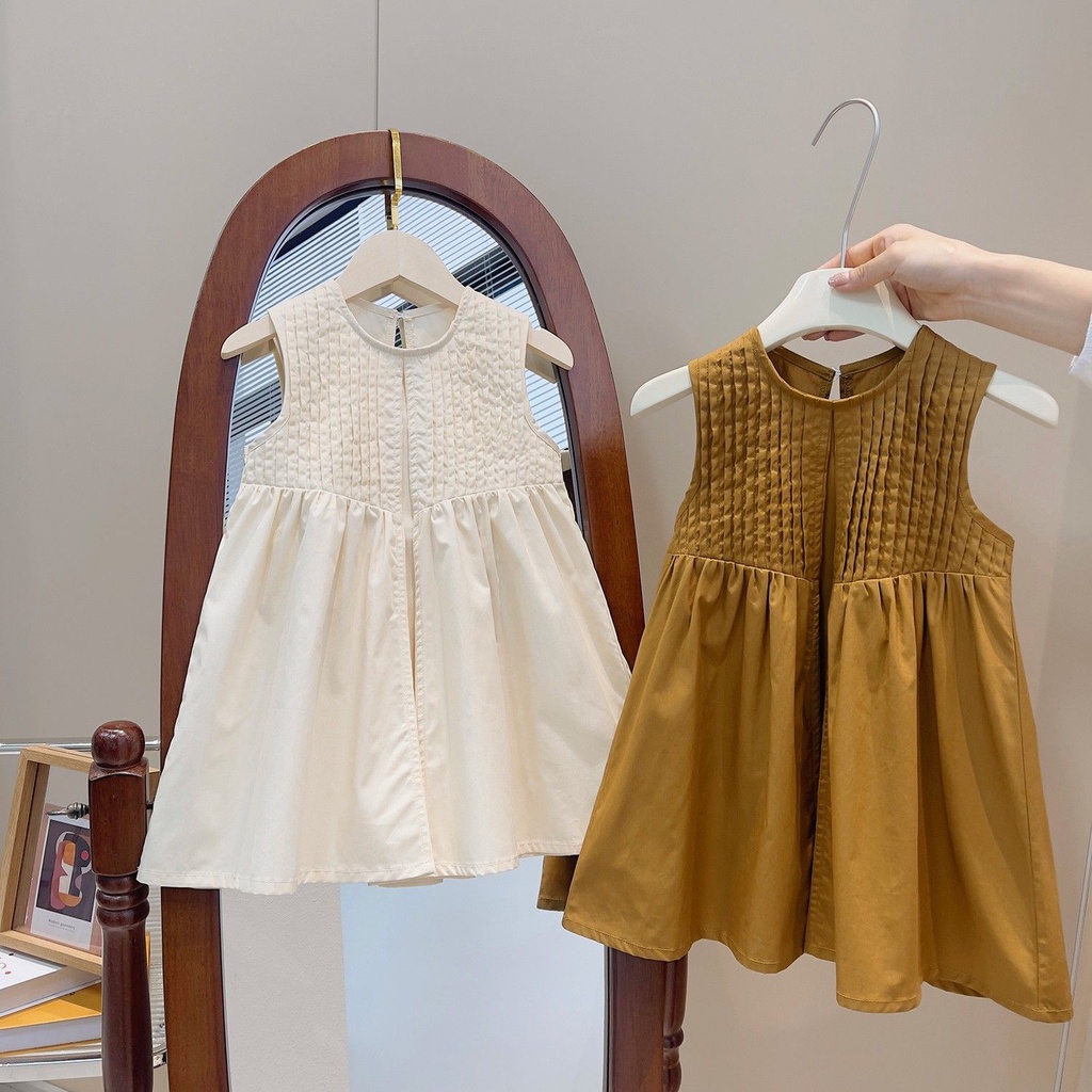 Đầm Công Chúa Dáng Chữ a Không Tay Màu Trơn Bằng Vải Lanh Cotton Thời Trang Mùa Hè Cho Bé Gái