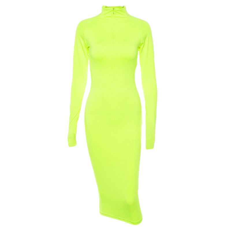 Xiangbao Đầm Bodycon Tay Dài Cổ Lọ Có Dây Kéo Màu Dạ Quang Gợi Cảm Cho Nữ