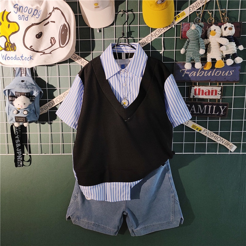 Áo Sơ Mi Giả Hai Lớp + Quần Short Dáng Rộng Thời Trang Mùa Hè Cho Nam