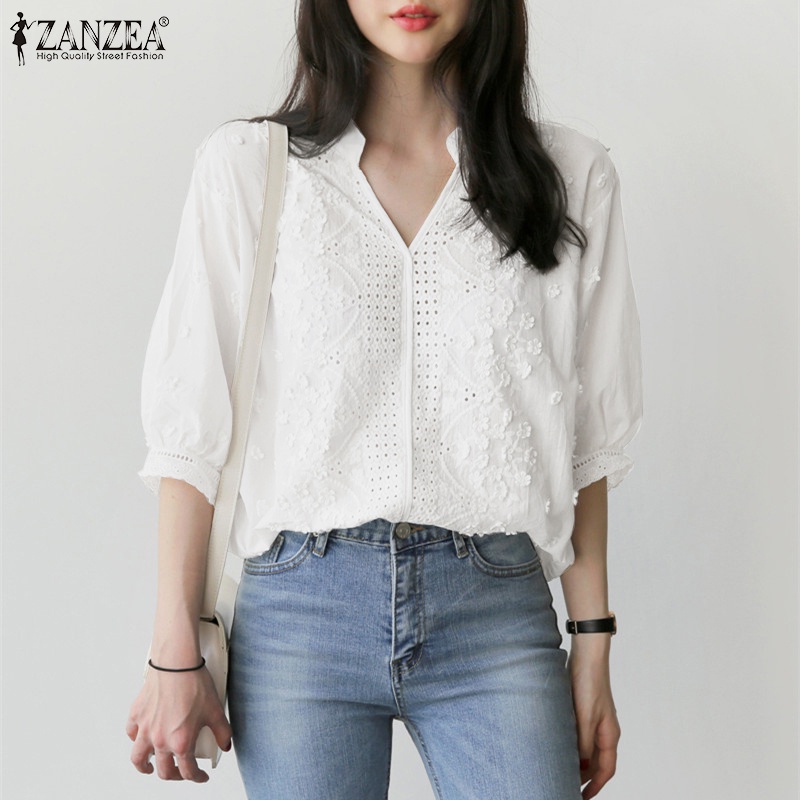 Zanzea Áo Nữ Tay Phồng Cổ Chữ V Thời Trang Phong Cách Hàn Quốc