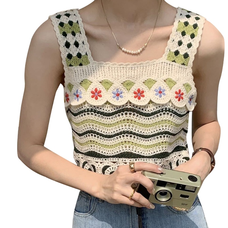 Áo Croptop Dệt Kim Không Tay Cổ Vuông Họa Tiết Kẻ Sọc Thời Trang Cho Nữ
