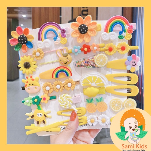 Set 14 kẹp tóc mái hàn quốc đẹp cho bé, cặp tóc nơ cute hình hoa, trái cây, công chúa