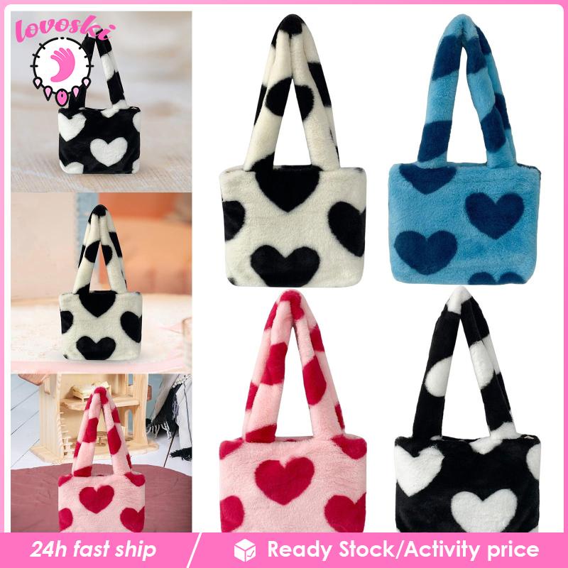 Túi Tote Đeo Vai Phủ Lông Họa Tiết Trái Tim Dễ Thương Thời Trang Cho Bạn Gái