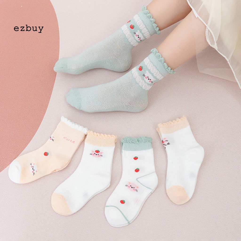 [EY] Set 5 Đôi Tất Lưới Mỏng Thoáng Khí Chống Mài Mòn In Họa Tiết Hoạt Hình Ngang Mắt Cá Chân Cho Bé Gái Trong Nhà