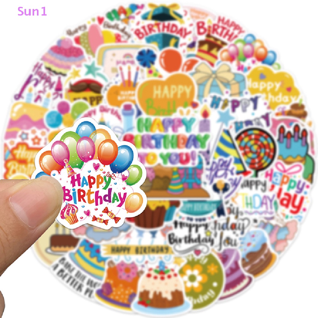 Sun1 &gt; 50 Nhãn Dán Happy Birthday Graffiti Bằng PVC Trang Trí Nhật Ký / Điện Thoại / Tủ Lạnh / Xe Hơi / Ghi Ta / Quà Tặ