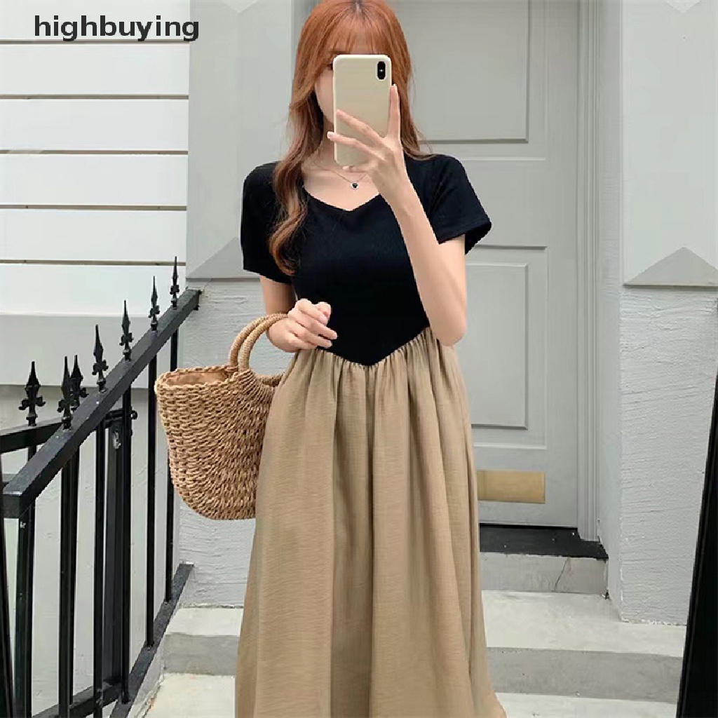 Đầm Midi Tay Ngắn Eo Cao Thời Trang Mùa Hè Hàn Quốc 2023 Cho Nữ