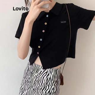Áo thun Lovito có cổ màu trơn phối nút phong cách preppy L16X291 (Màu đen)
