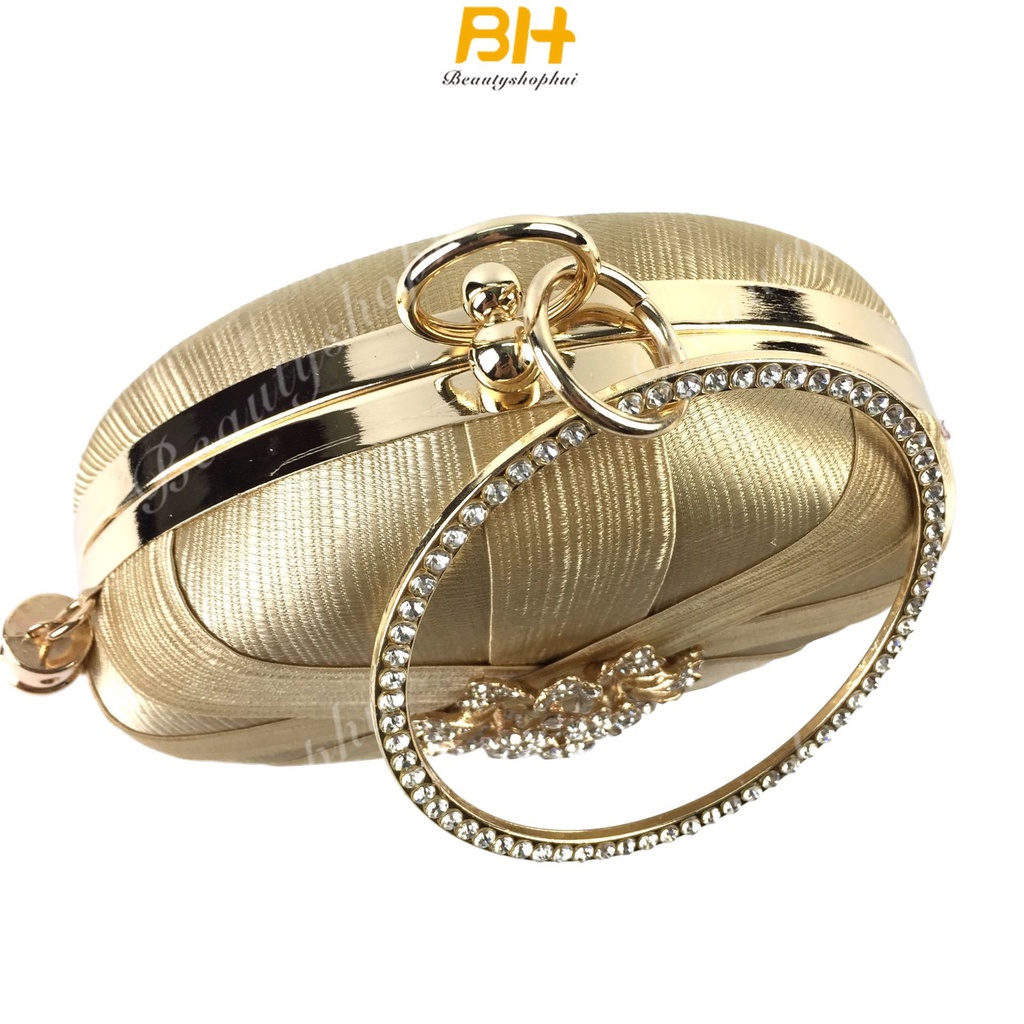 Túi Xách Dự Tiệc Đính Đá Phối Dây Xích Tròn Thiết Kế Mới Cao Cấp Thời Trang Cho Nữ