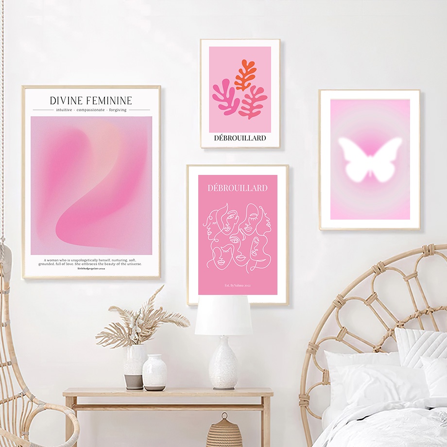 Tranh Vải Bạt Treo Tường In Hình Thiên Thần & Bướm & Chữ Số Màu Hồng Trang Trí Phòng Khách