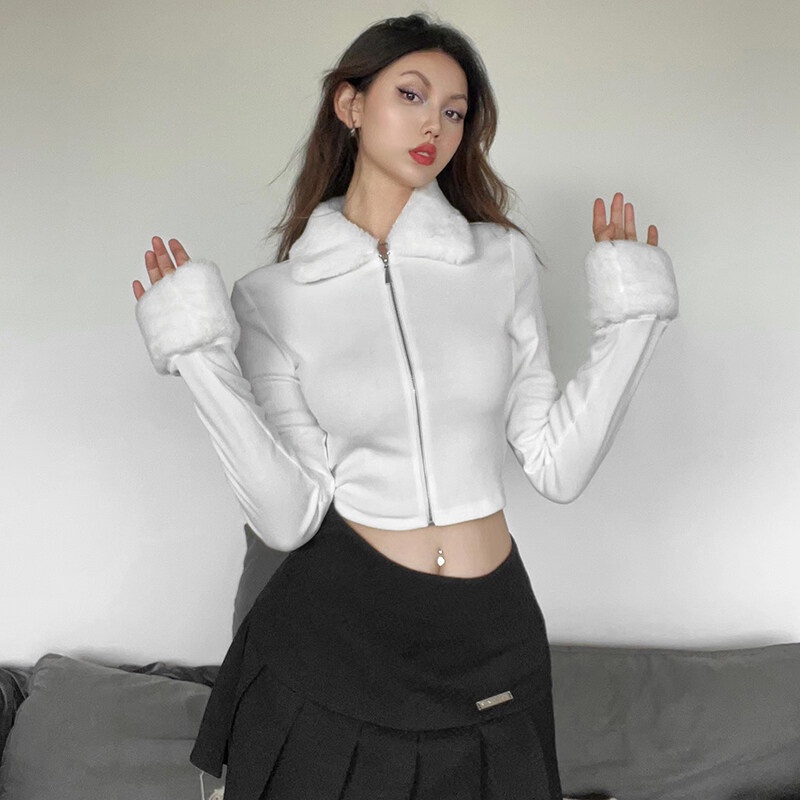 Kliou 2023 Mới Áo Khoác Ngắn Dáng Ôm Co Giãn Tốt Phối Khóa Kéo Màu Trắng Thời Trang Đường Phố Mới 2023 Cho Nữ