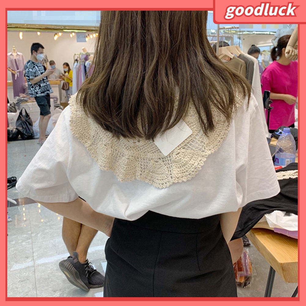 Áo Thun Tay Ngắn Cổ Tròn Dáng Rộng Phối Khăn Choàng Ren Rỗng Màu Trơn Thời Trang Mùa Hè Cho Nữ