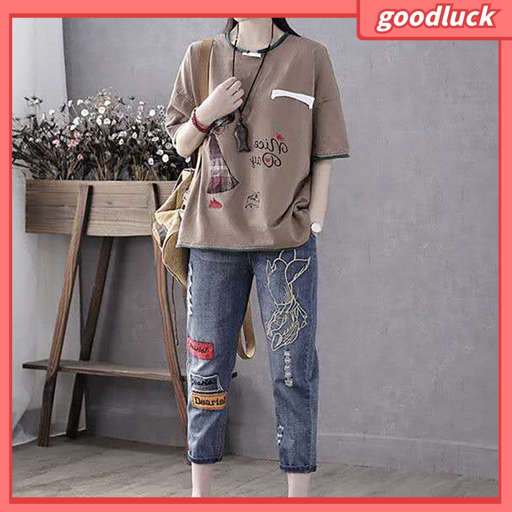 Áo Thun Cotton Tay Ngắn Cổ Tròn In Hình Mèo Hoạt Hình Dành Cho Nữ