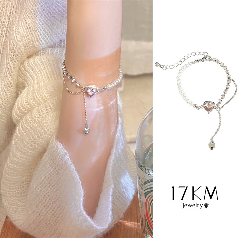 Vòng đeo tay 17KM chuỗi ngọc trai mặt hình trái tim màu hồng không dễ phai màu thanh lịch cho nữ
