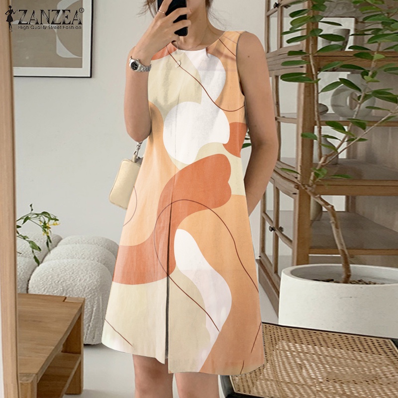 Zanzea Đầm Sát Nách Cổ Tròn In Họa Tiết Chữ H Phối Túi Sau Lưng Thời Trang Cho Nữ