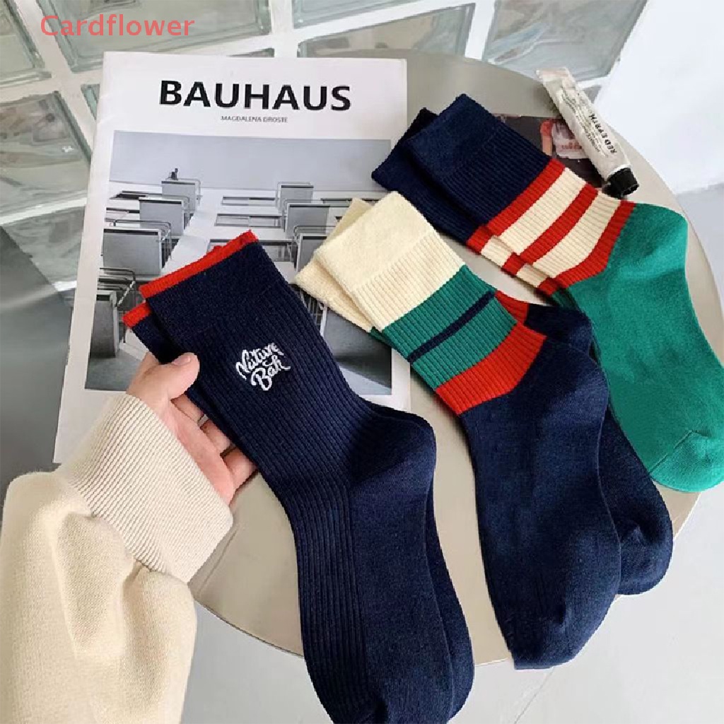 < Cardflower > Vớ Thể Thao Cotton Mỏng Thoáng Khí Thoải Mái Thêu Họa Tiết Sọc Xanh Lá Phong Cách Hip Hop Đơn Giản Thời Trang Unisex Cho Nam Và Nữ