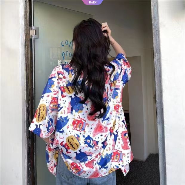 Áo Sơ Mi Mỏng Tay Ngắn Dáng Rộng In Họa Tiết Hoạt Hình Quái Vật Phong Cách Hip Hop Thời Trang Mùa Hè Cho Nữ