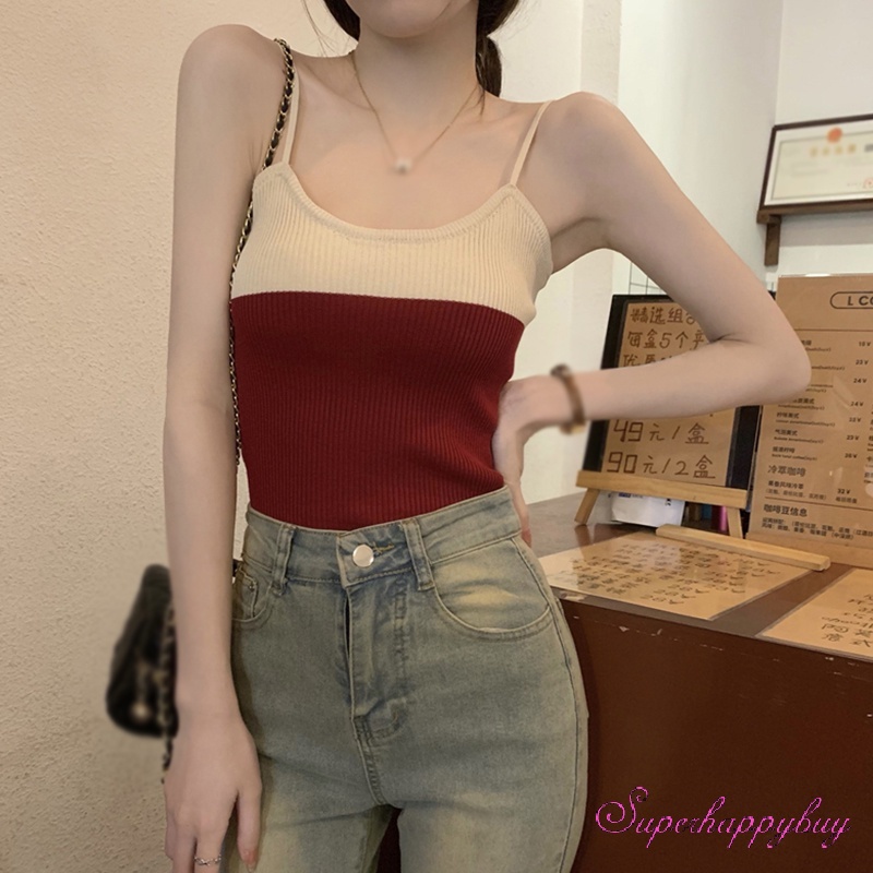 Áo Tank Top Dệt Kim Sát Nách Màu Tương Phản Thời Trang Mùa Hè Cho Nữ
