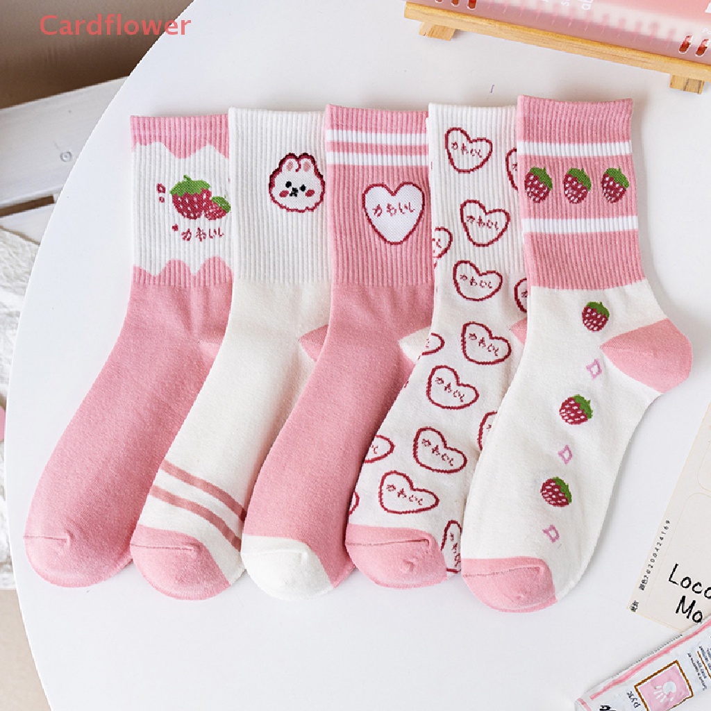 &lt; Cardflower &gt; Mới Vớ Cotton Cổ Vừa In Họa Tiết Dâu Tây Màu Hồng Ngọt Ngào Thời Trang Cho Nữ