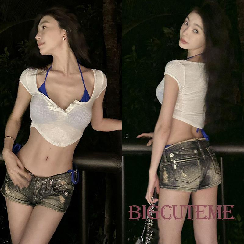 Bộ Trang Phục 2 Mảnh Gồm Áo Bra + Áo Croptop Cổ Vuông Tay Ngắn Và Quần Short Thời Trang Cho Nữ