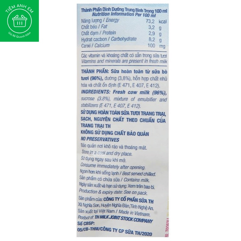 Sữa tươi tiệt trùng có đường TH true MILK bịch 220ml