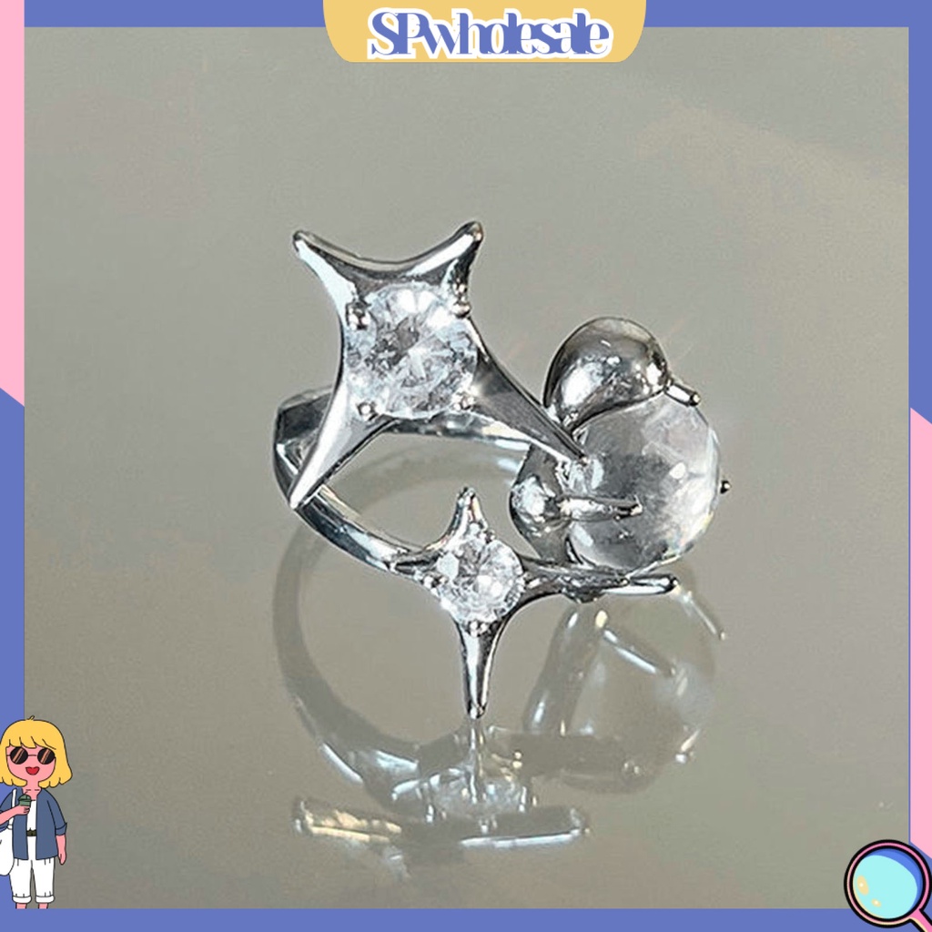 <SPwholesale> Nhẫn Dạng Hở Mạ Điện Sáng Bóng Đính Đá Giả Kim Cương Sáng Điều Chỉnh Được Trang Sức Cho Nữ