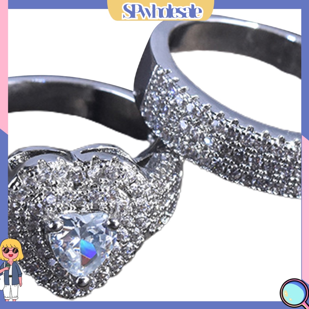 <SPwholesale> Bộ 2 Nhẫn Đính Đá Hình Trái Tim Sang Trọng Cho Cô Dâu