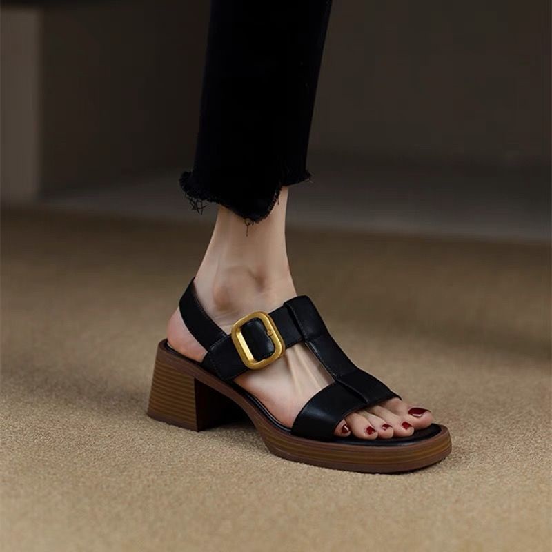 Giày Sandal Gót Dày Mũi Vuông Bằng Da Thật Chống Nước Phong Cách Retro Cho Nữ