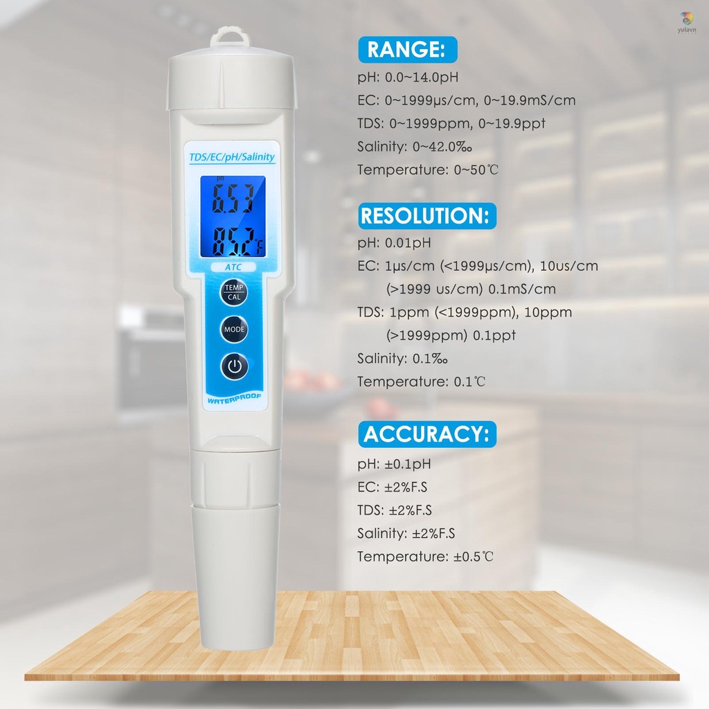 Máy Đo Nhiệt Độ Nước / Độ Ẩm Đa Năng 5 Trong 1 TDS / EC / pH / Salinity / Màn Hình LCD