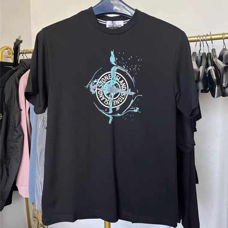 Stone Island Áo Thun Tay Ngắn Cổ Tròn In Chữ Cái 21SS + Thẻ Treo Thời Trang Cho Nam Và Nữ