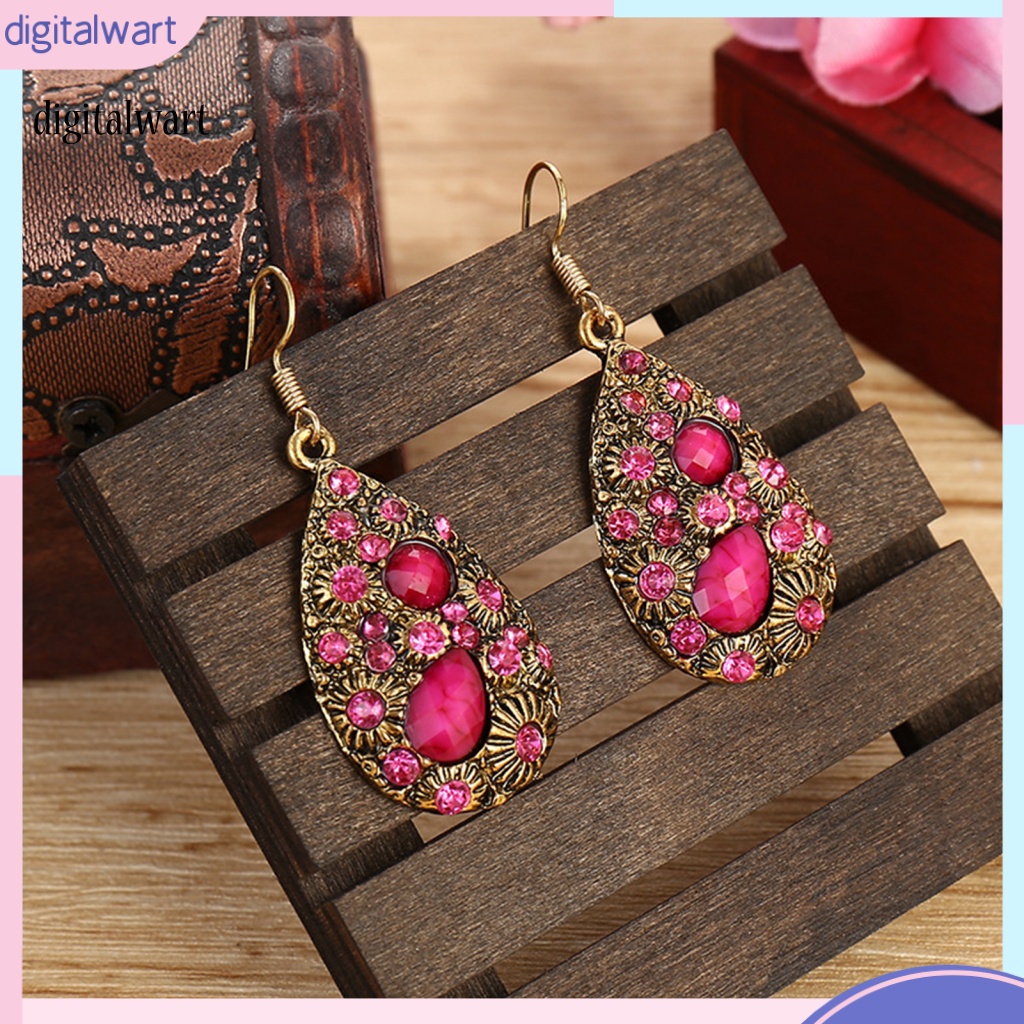 Kỹ Thuật Số| 1 Đôi Bông Tai Đính Đá Hình Giọt Nước Phong Cách Dân Tộc