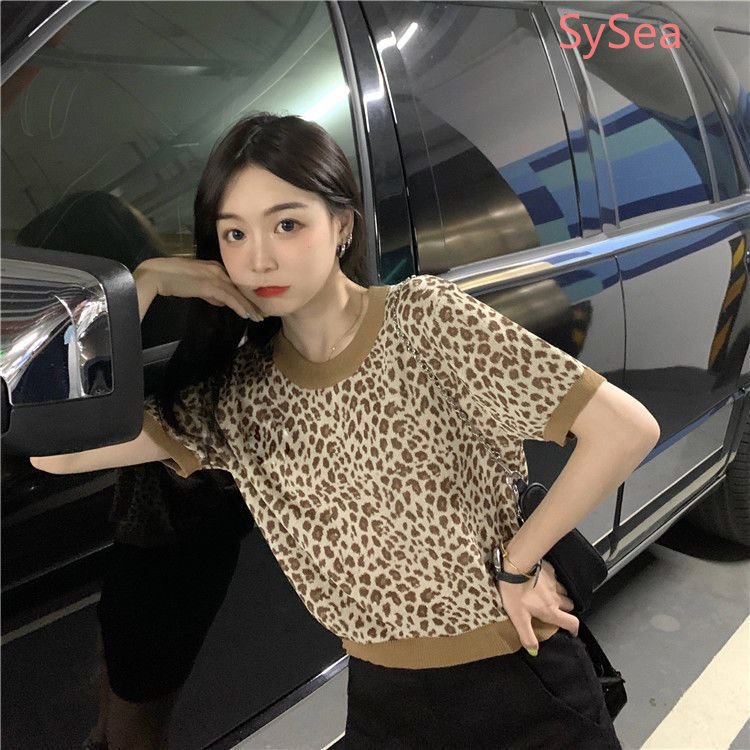 Áo Dệt Kim Cổ Tròn Dáng Rộng Họa Tiết Da Báo Cá Tính Cho Nữ