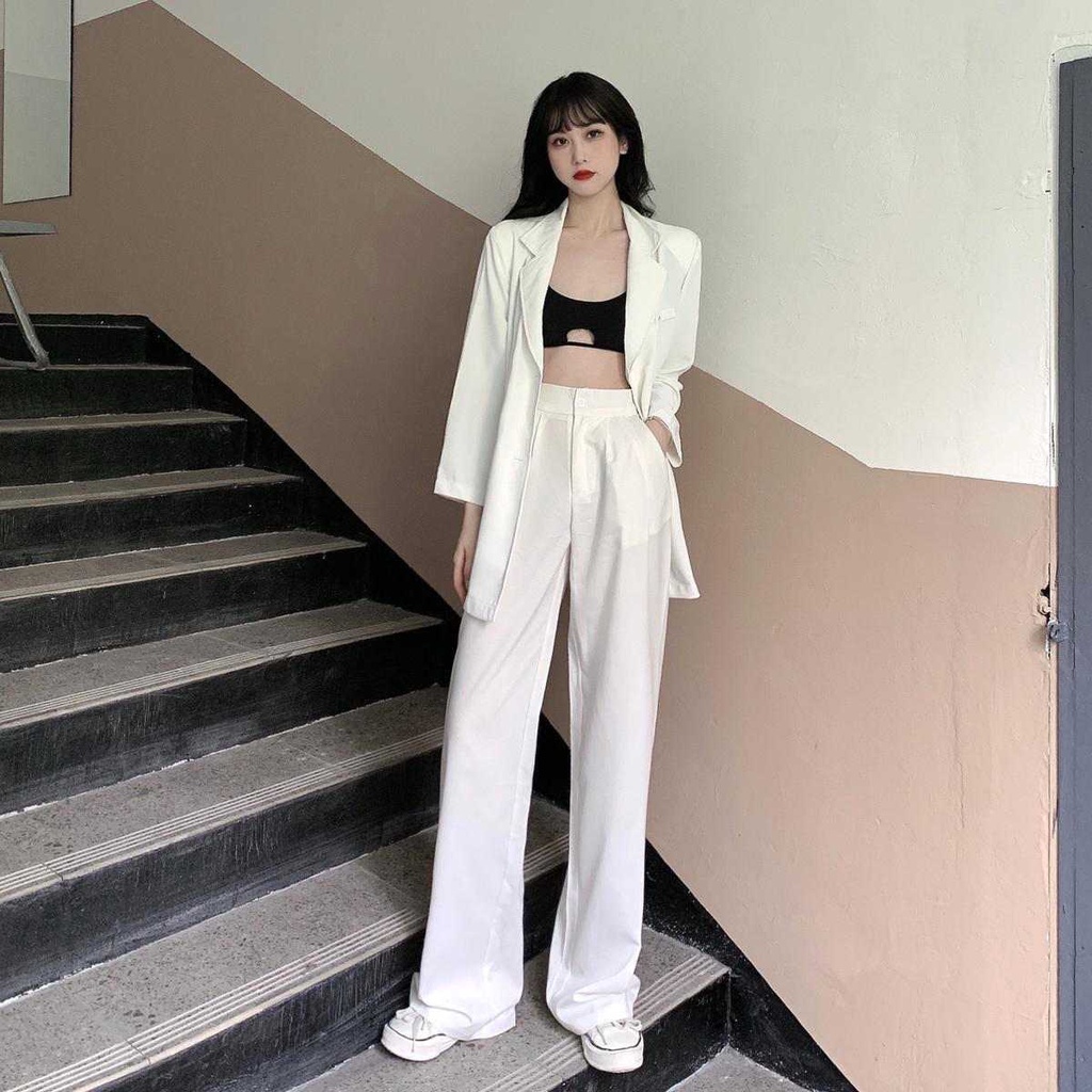 Áo Khoác Vest Mỏng Màu Trắng + Quần Dài Dáng Ôm Phong Cách Hàn Quốc Thời Trang Mùa Xuân Cho Nữ