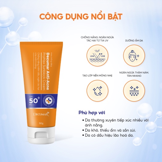 Kem Chống Nắng Decumar Anti-Acne ProMax Sunblock Cream SPF50+ Ngừa Mụn, Mờ Thâm, Ngừa Sẹo, Tái Tạo Da 50g