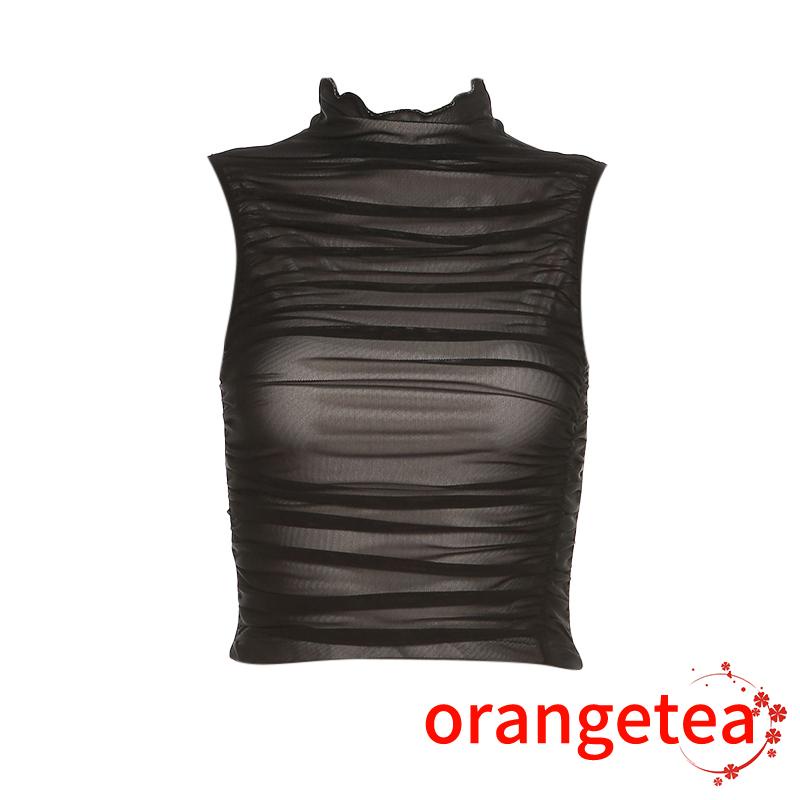 Áo Tank Top Cổ Cao Không Tay Xuyên Thấu Màu Sắc Đơn Giản Cho Nữ