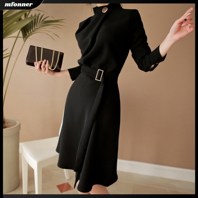 Đầm Midi Tay Dài Cổ Tròn Màu Trơn Cài Nút Thời Trang Cho Nữ