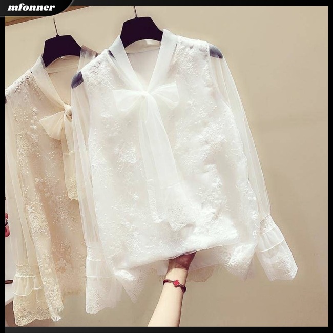 Áo Ren Tay Dài Cổ Chữ V Thắt Nơ Màu Trơn Dễ Thương Thời Trang Mùa Hè Cho Bạn Gái