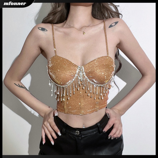 Áo Croptop Sát Nách Cổ Thuyền Dáng Ôm Đính Đá Phối Tua Rua Gợi Cảm Cho Bạn Gái