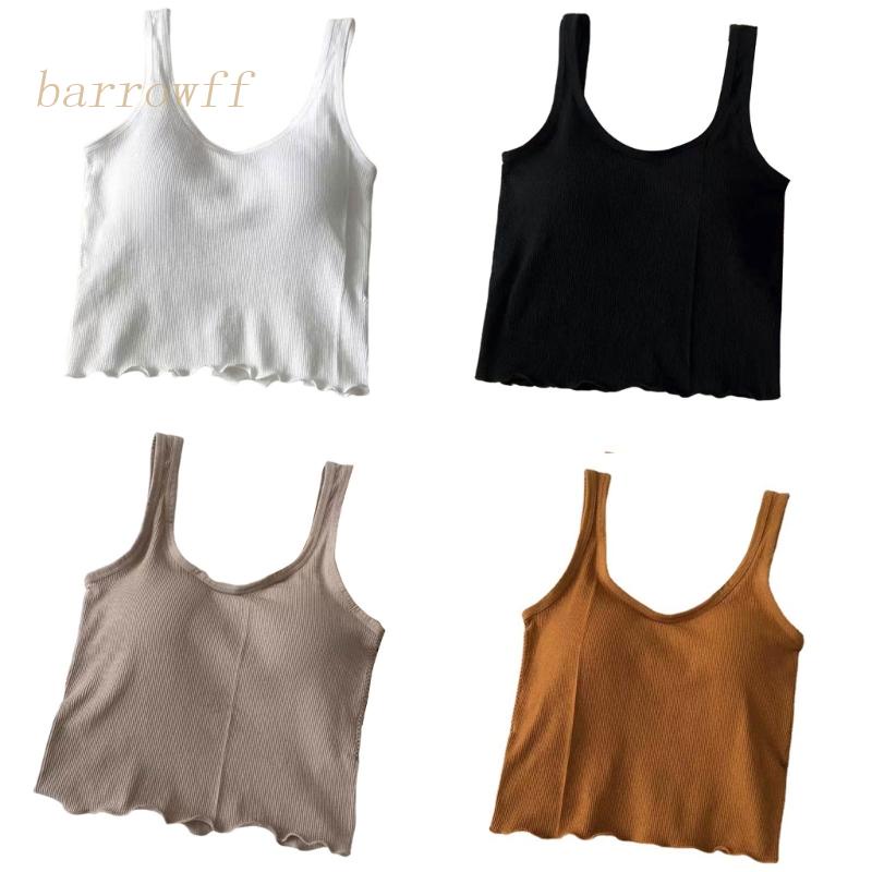 Brroa Áo Crop Top Dây Bản Rộng Cơ Bản Với Áo Ngực Gân Dệt Kim Mỏng Màu Trơn Thể Thao Viền Lettuce Hem Cho Nữ