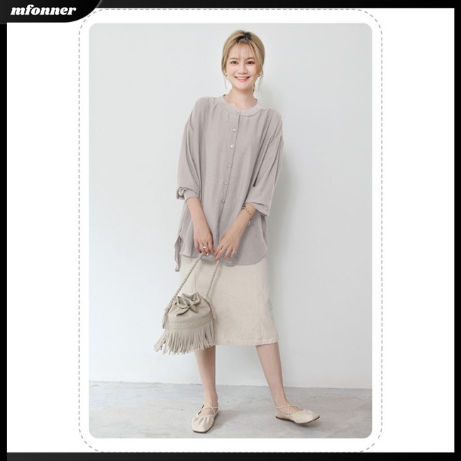 Áo Sơ Mi Chiffon Tay Dài Cổ Tròn Dáng Rộng Màu Sắc Đơn Giản Thanh Lịch Dành Cho Nữ