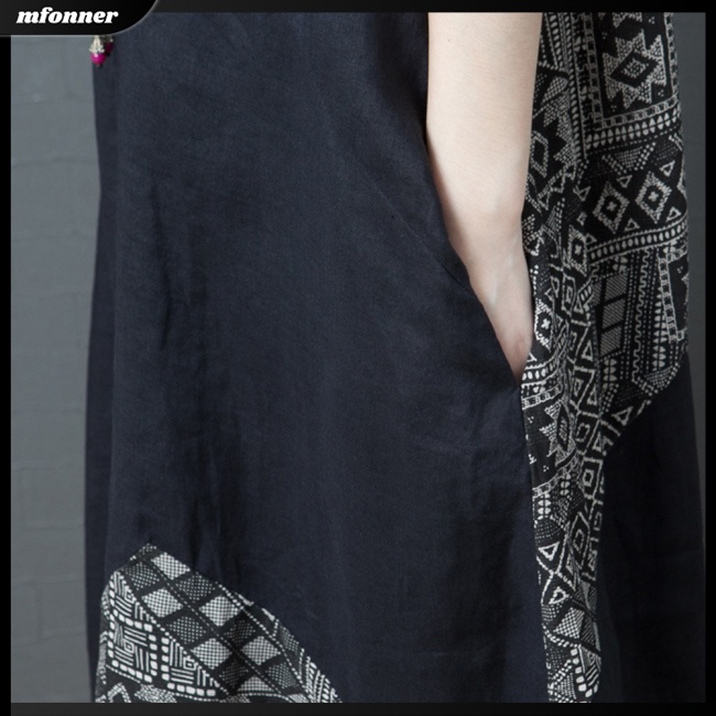 Đầm Cotton Lanh Cổ Tròn Tay Ngắn In Họa Tiết Thời Trang Cho Nữ