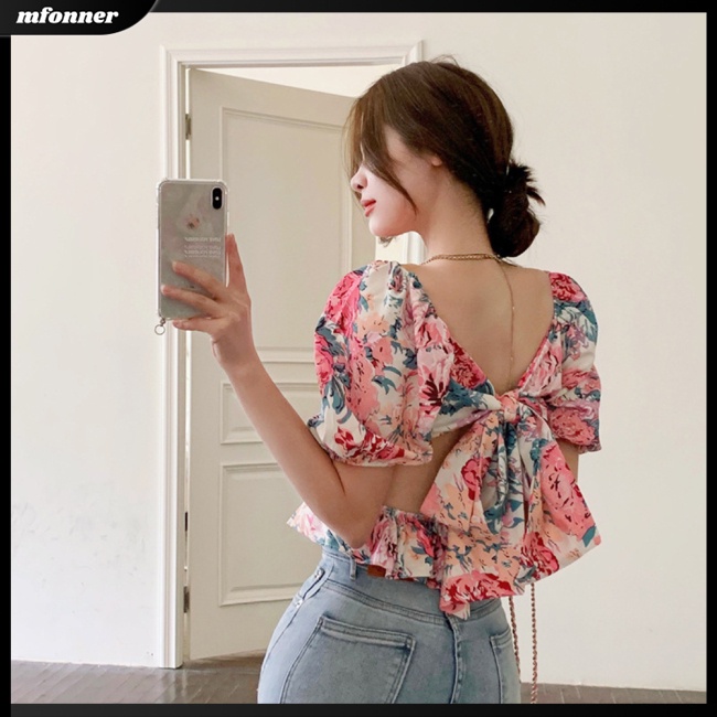 Áo Thun Tay Phồng Cổ Vuông Hở Lưng Họa Tiết Tranh Sơn Dầu Gợi Cảm Cho Nữ