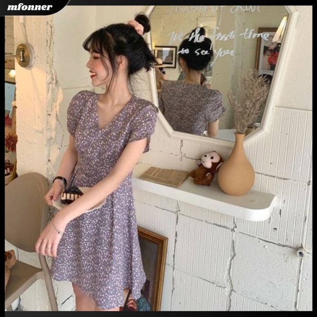 Đầm Tay Ngắn Cổ Chữ V Họa Tiết Hoa Thời Trang Mùa Hè Cho Nữ