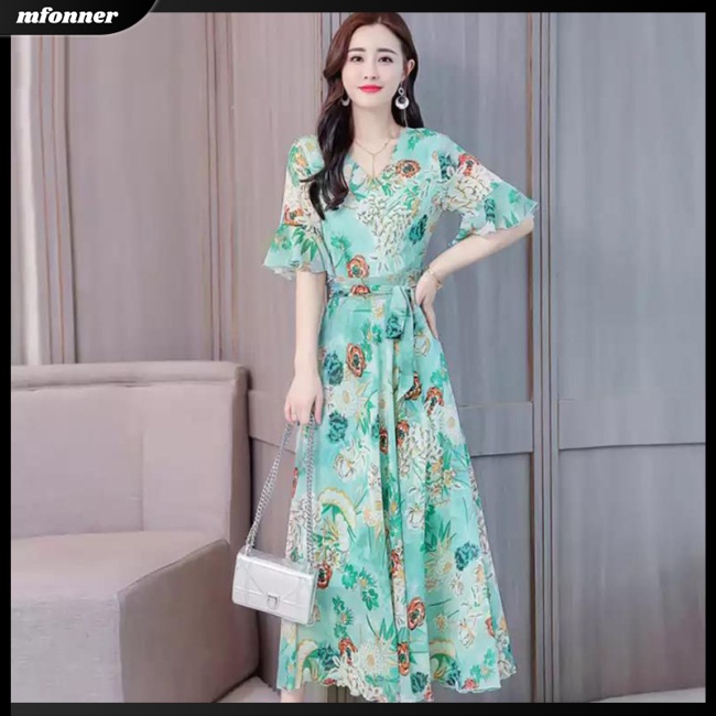 Đầm DàI Cổ Chữ V In HọA TiếT ThờI Trang Cho Nữ