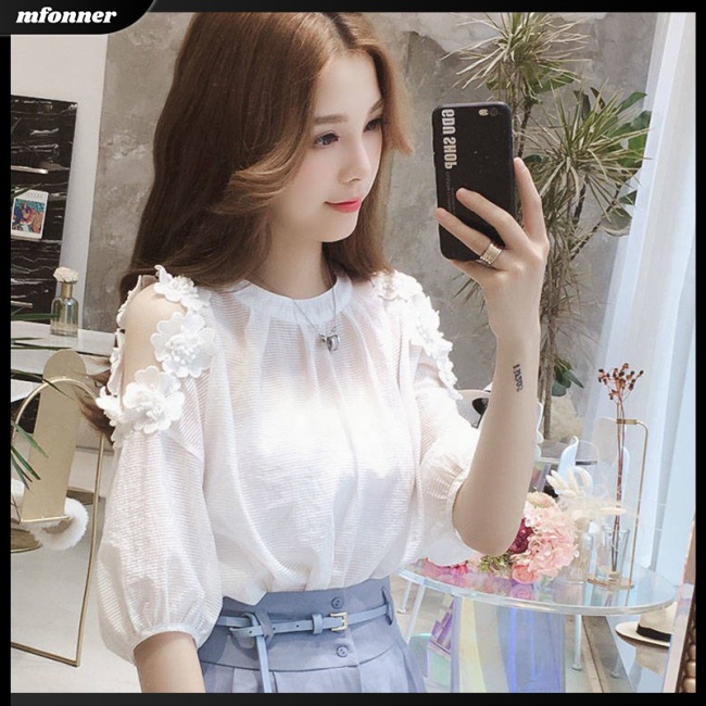 Áo Sơ Mi Chiffon Tay Ngắn Phối Ren Hoa Màu Sắc Trơn Thời Trang Xuân Hè Dành Cho Nữ