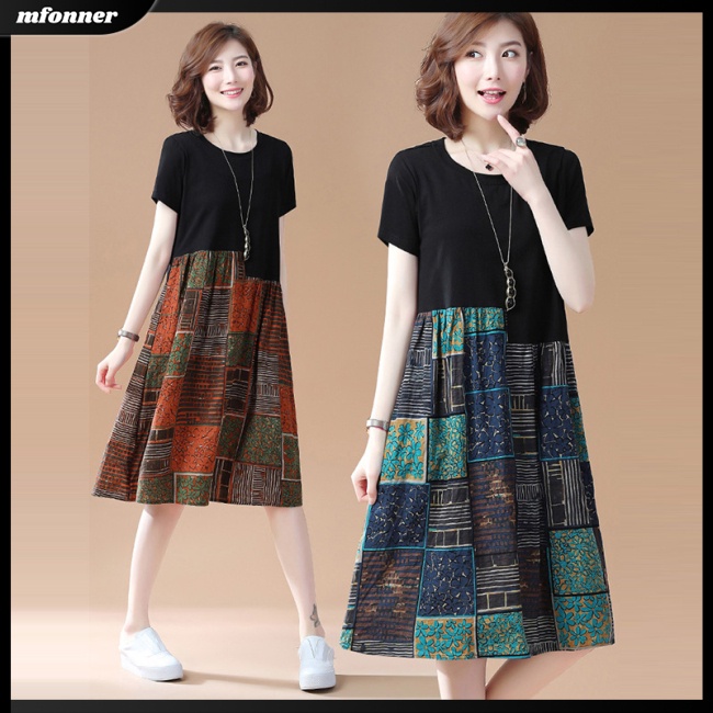 Đầm Midi Tay Ngắn Cổ Tròn Dáng Rộng Họa Tiết Kẻ Sọc Thời Trang Mùa Hè Xinh Xắn Cho Nữ